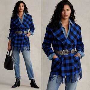 POLO RALPH LAUREN Checked Belted Shawl Collar Jacket XS Fringe Blue NEW $328